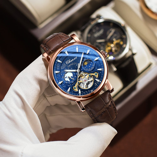 Dawn Galaxy Moon Phase Skeleton Flywheel Mechanical Watch Men's Watch Fully Automatic Luminous Live Broadcast Cross-Border Business Belt Watch