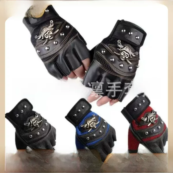 Manufacturer's half finger sports gloves artificial deerskin riding wristband rock climbing non-slip breathable Men's pirate head gloves