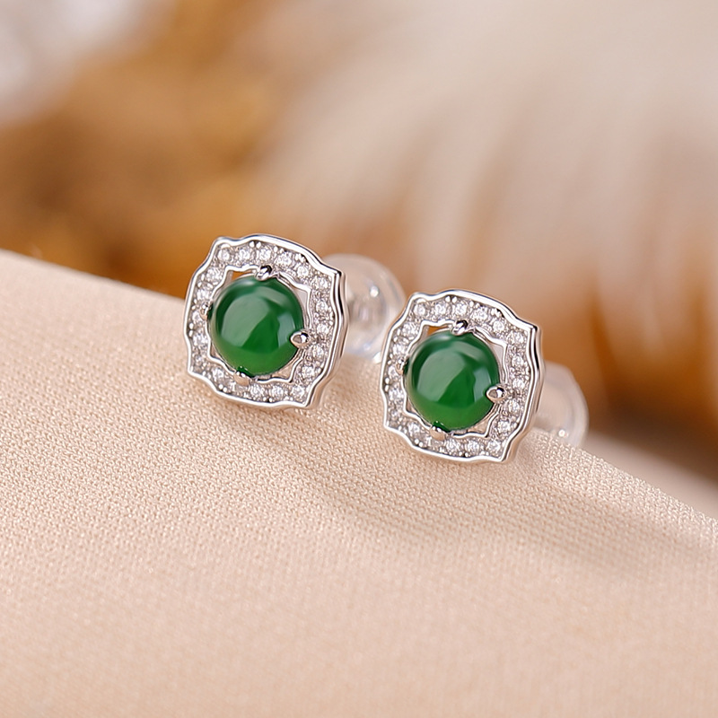 Bông tai bạc S925 đính ngọc bích xanh dạng hạt tròn hình vuông rỗng — Mẫu ngọc bích nước xanh