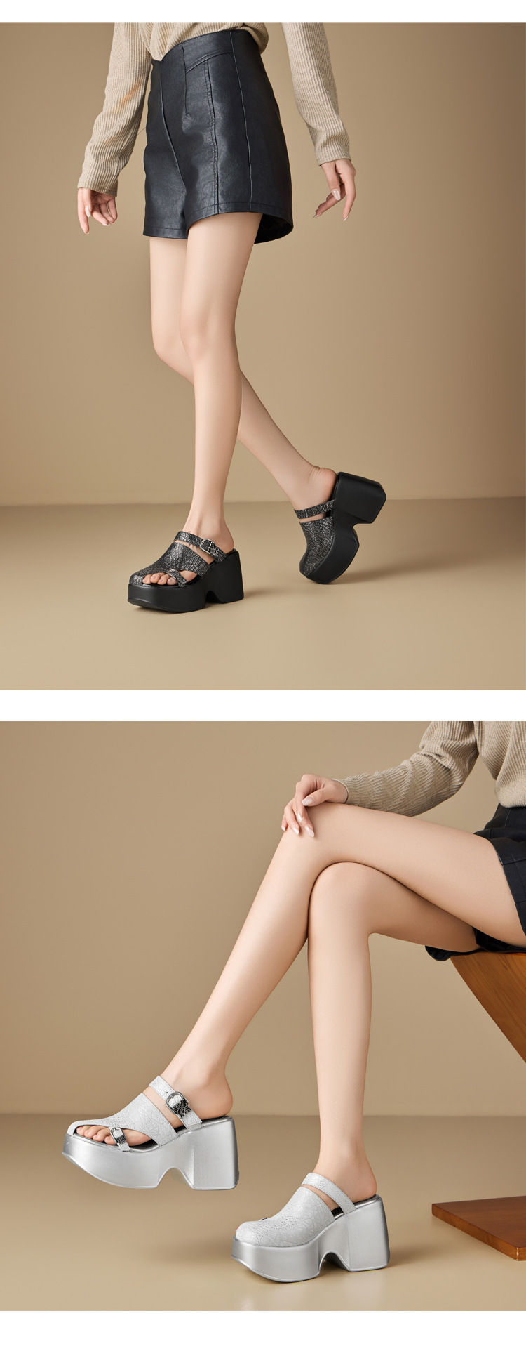 Sandal cao gót nữ đế xuồng platform 10 cm, mũi kín, quai ngang, dáng điệu nhẹ nhàng — màu đen, Vàng nhạt, bạc chi tiết 8