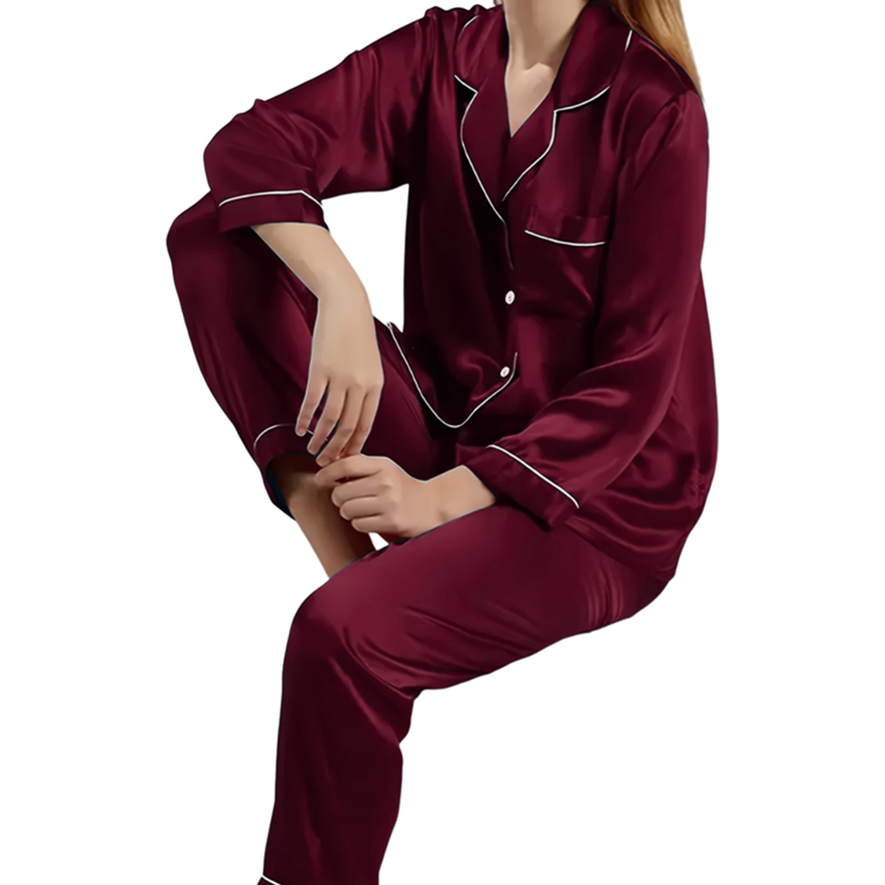 Estilo delgado exclusivamente para pijamas de seda de imitación de gran tamaño de Europa y América, pantalones de manga larga para mujer de primavera y verano, traje de servicio a domicilio de Seding