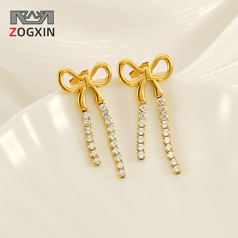 Pendientes de borla con lazo largo de acero inoxidable europeo y americano estilo INS Pendientes de diamantes de tendencia de personalidad dorada femenina al por mayor