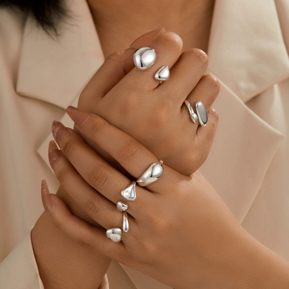 Новое простое и модное серебряное открытое кольцо, набор из пяти предметов, европейское и американское кольцо неправильной формы из металла, обтекаемой формы