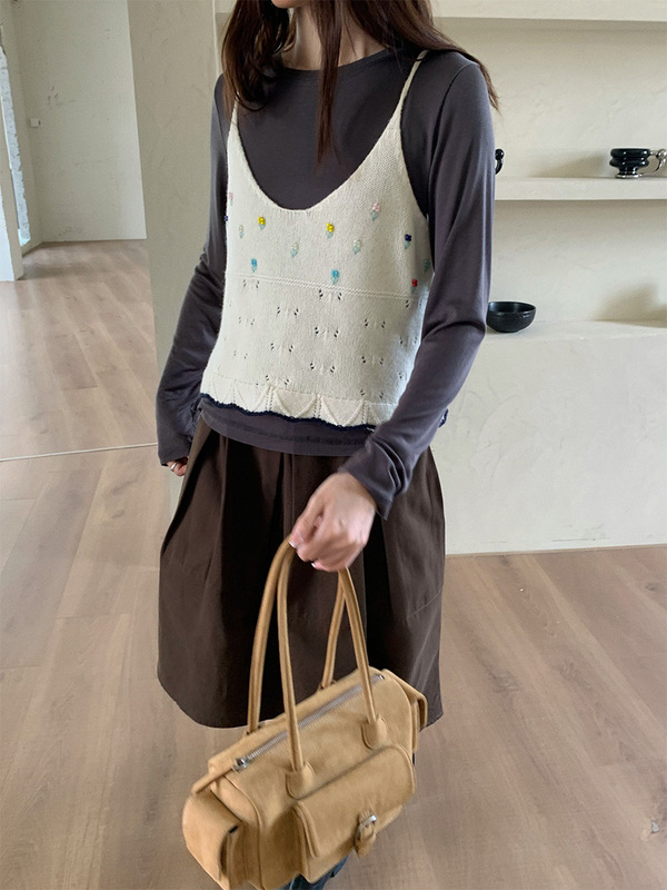苏奈 全羊毛韩系甜美小花针织吊带背心女秋显瘦叠穿上衣tableblue|undefined