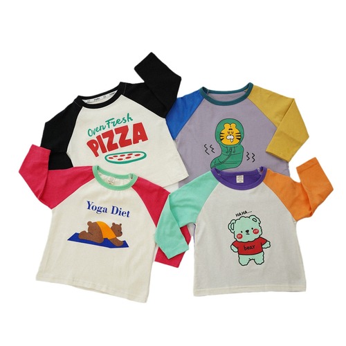 Korean children's clothing 2024 spring new children's contrasting color T-shirt spliced ​​cartoon baby round neck top long-sleeved Korean version