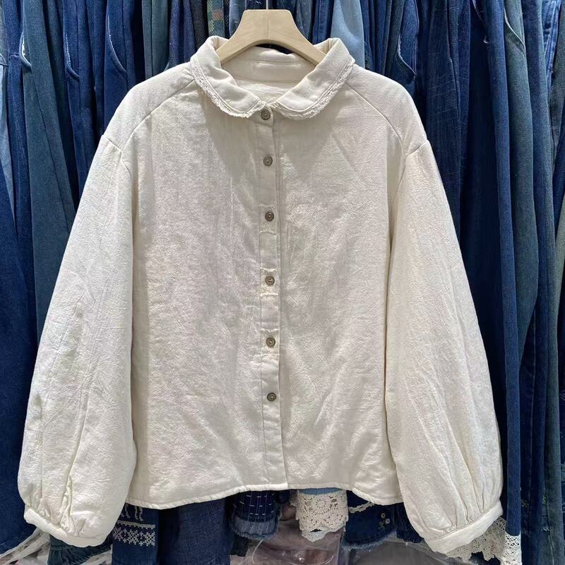 Japanese-Style Lapel Cotton-Lined Shirt for Women, New Winter Vintage Artistic Versatile Lace Patch Single-Breasted Top for Women