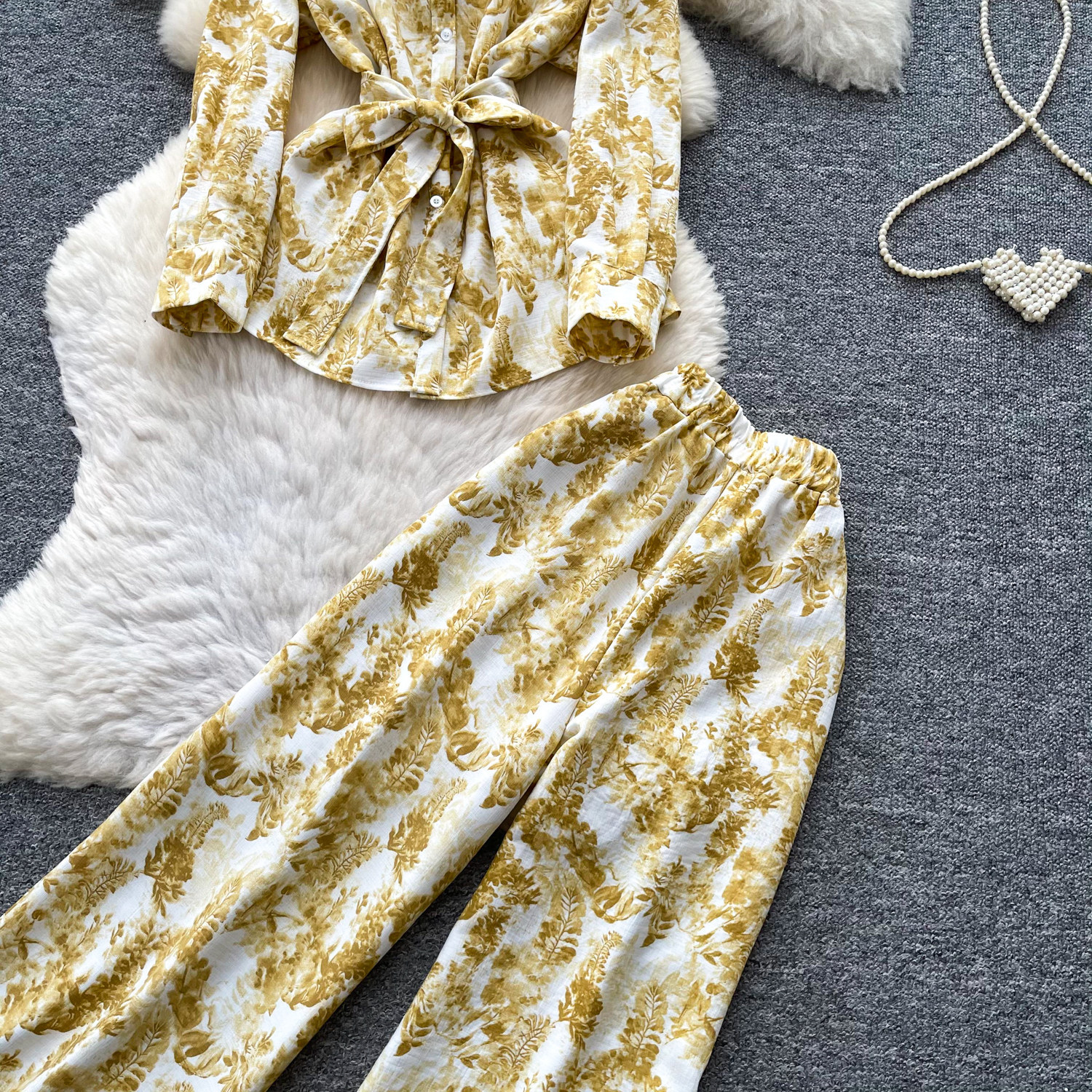 Women's Sophisticated Elegant Two Piece Set Autumn Tie up V Neck Top High Waisted Wide Leg Pants Slimming Stylish Look_ecoleips.com