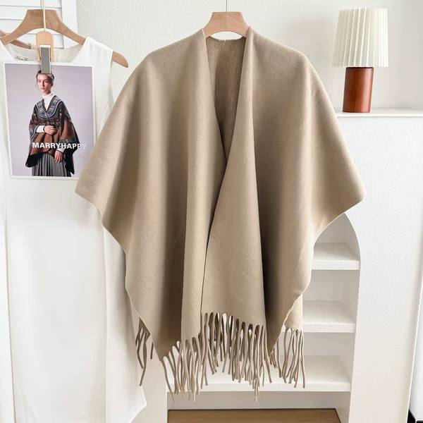 Stylewave New Imitation Cashmere Dark Split Cape Autumn and Winter Warm Unisex Double-Sided Ethnic Style Women's Shawl