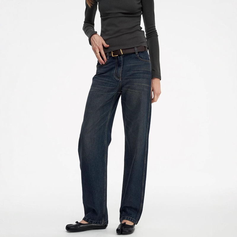 [Ready Stock] Tr Combed Long-Staple Cotton Retro Tapered Mid-Waist Slim Straight Washed Dark Blue Jeans