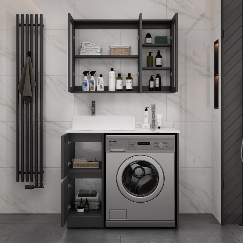 Moderno minimalista lavadora balcón gabinete de baño sin pintura de madera maciza lavabo tambor lavadora compañero gabinete image 3