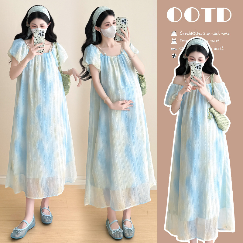 Maternity Wear Fashionable Korean Style 2025 Summer New Gradient Blue French Unique and Beautiful Age-Reducing Loose Dress