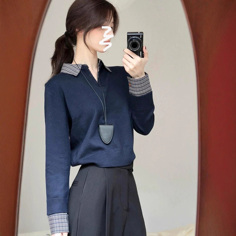 藏蓝色翻领拼接假两件修身针织打底衫春装女款2025年新款韩系上衣|undefined