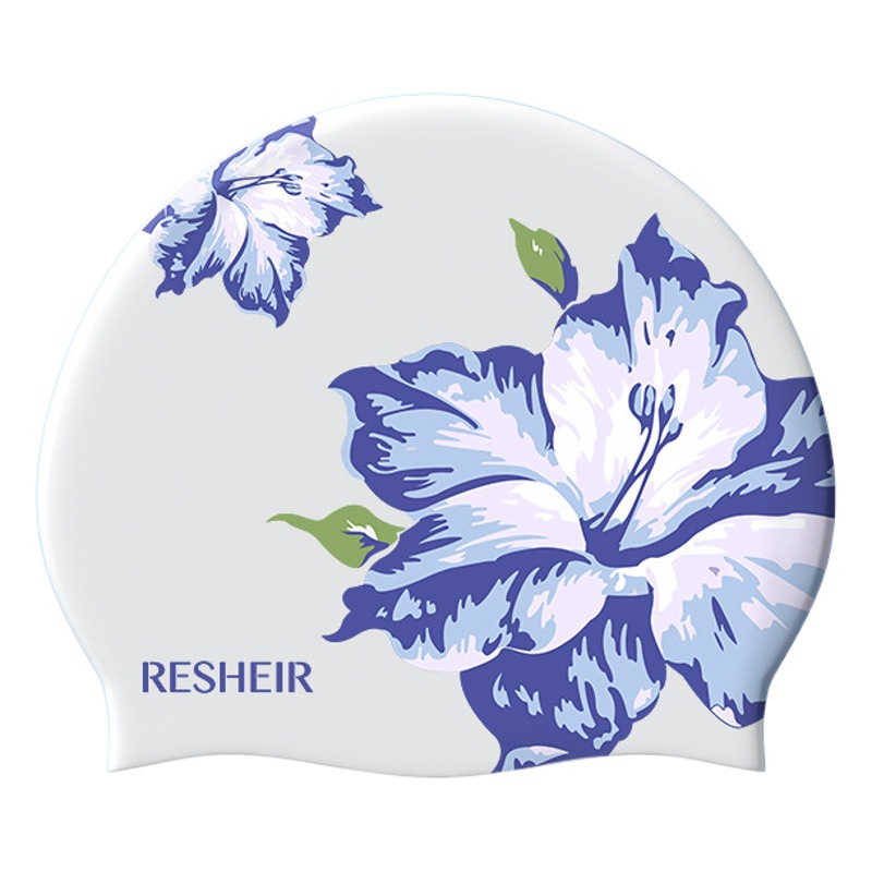 Gorro de natación impermeable de silicona para mujer extra grande cómodo que no aprieta el cabello largo impresión especial protección para oídos adultos