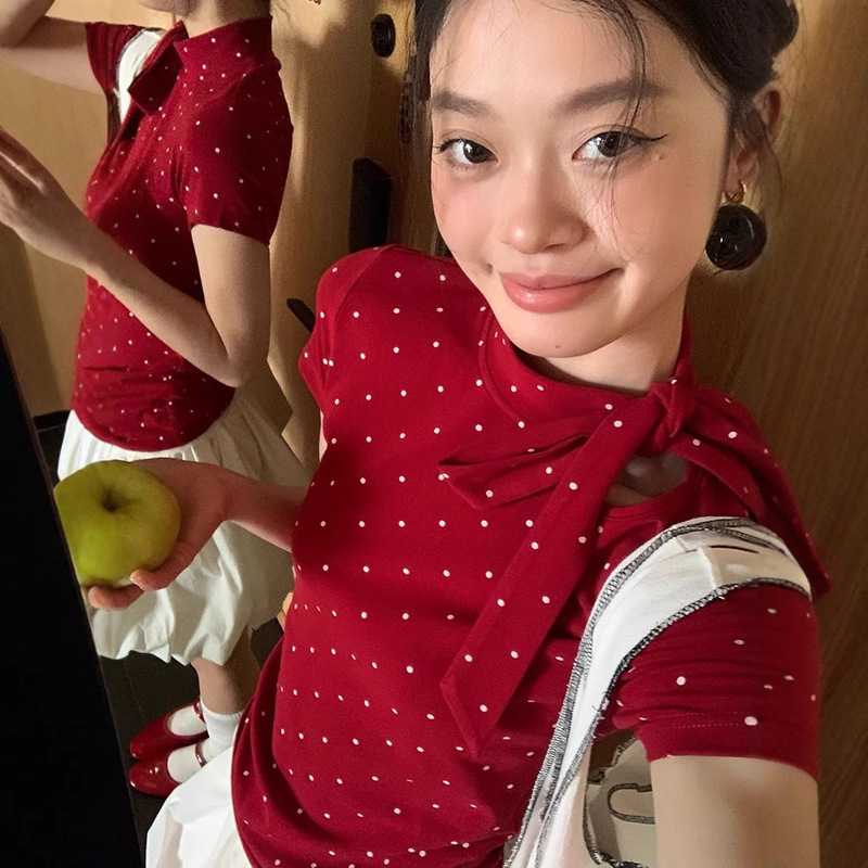 Pure Desire レッド水玉半袖 Tシャツ女性の夏の右肩スリム甘くてスリムなリボンストラップホットガールトップ|undefined