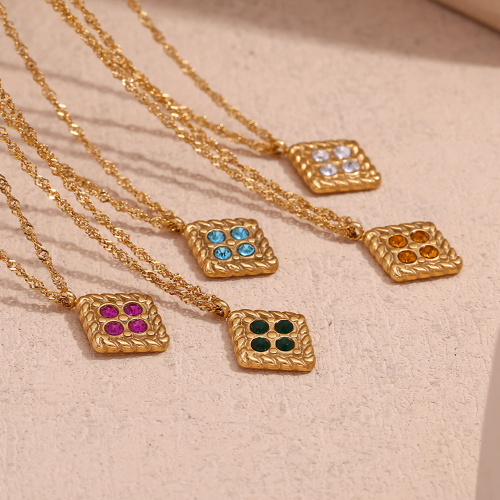 Minimalism Plated 18K Gold Four Diamond Geometric Stainless Steel Pendant Necklace