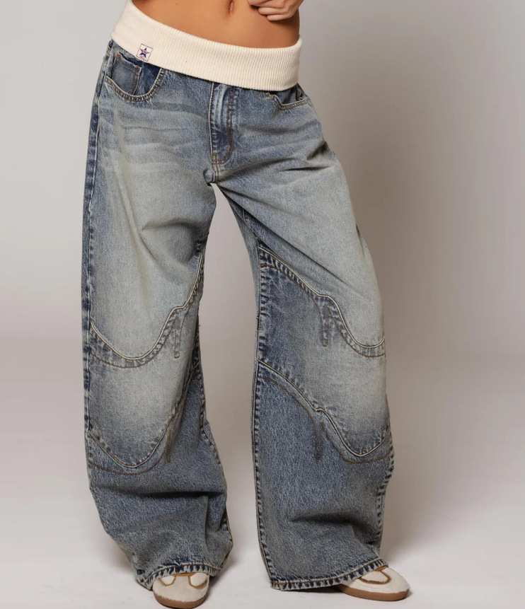 Women's Low Waist Baggy Jeans, Vintage Washed Wide Leg Denim Pants With Knit Waistband, Y2K Streetwear Trousers For Daily Casual_ecoleips.com