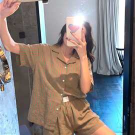简约风韩系慵懒条纹短袖睡衣女款2026新款少女甜美大码家居服套装