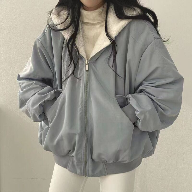 Plus Size Velvet Thickeneded Reversible Lamb Wool Cotton Outwear Women's Outwear Winter New Zipper Hooded Cotton Outwear Top Plus Size Velvet Thickeneded Reversible Lamb Wool Cotton Outwear Women's Outwear Winter New Zipper Hooded Cotton Outwear Top
