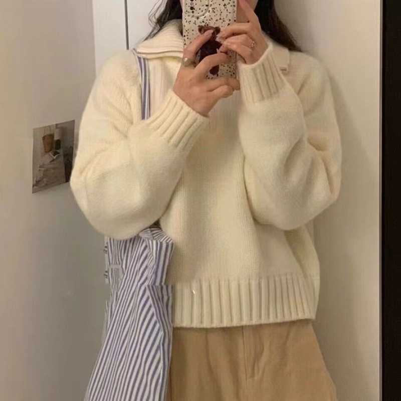 KANING韩版半高领秋冬毛衣女2025新款甜美减龄宽松半拉链针织衫女|undefined