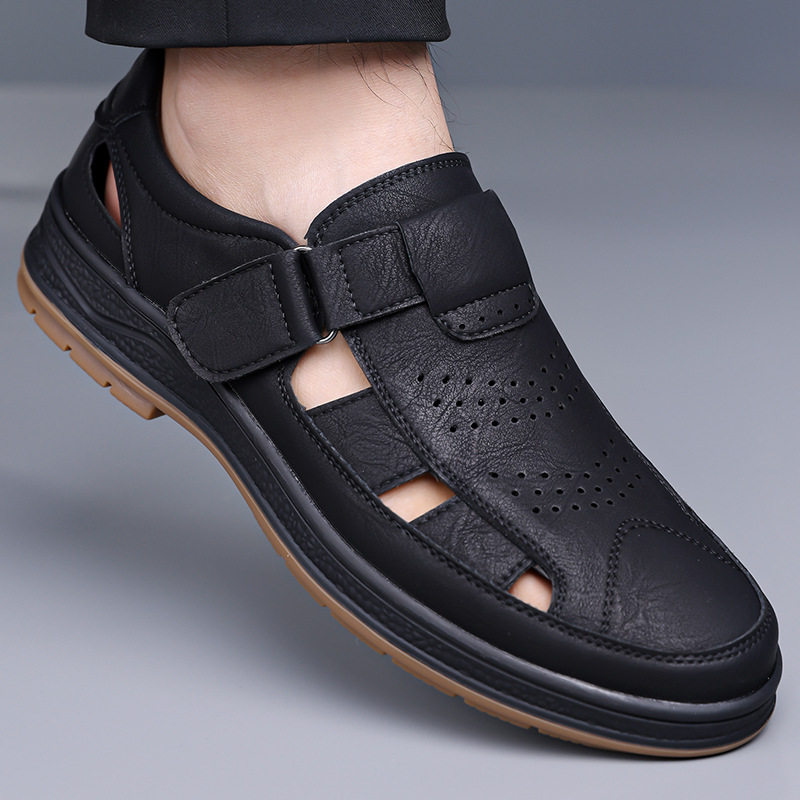 Giày sandal nam cỡ lớn thoáng khí khoét lỗ khóa dán — Màu nâu, màu đen