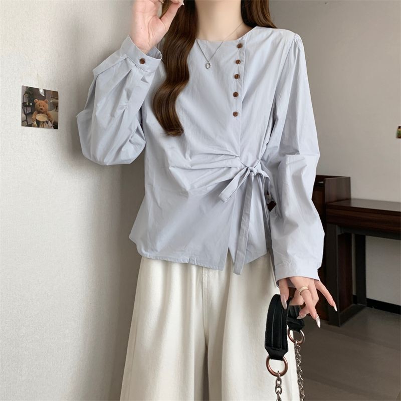 Round Neck Button-Up Bow Tie Shirt Autumn Plus Size Fat Girl Fashionable Design Versatile Slimming Top