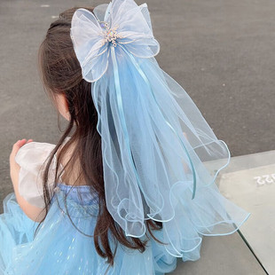 Children's Veil Hairpin with Princess Dress Birthday Outing Photo Hair Accessories Girl Princess Bow Ribbon Hairpin