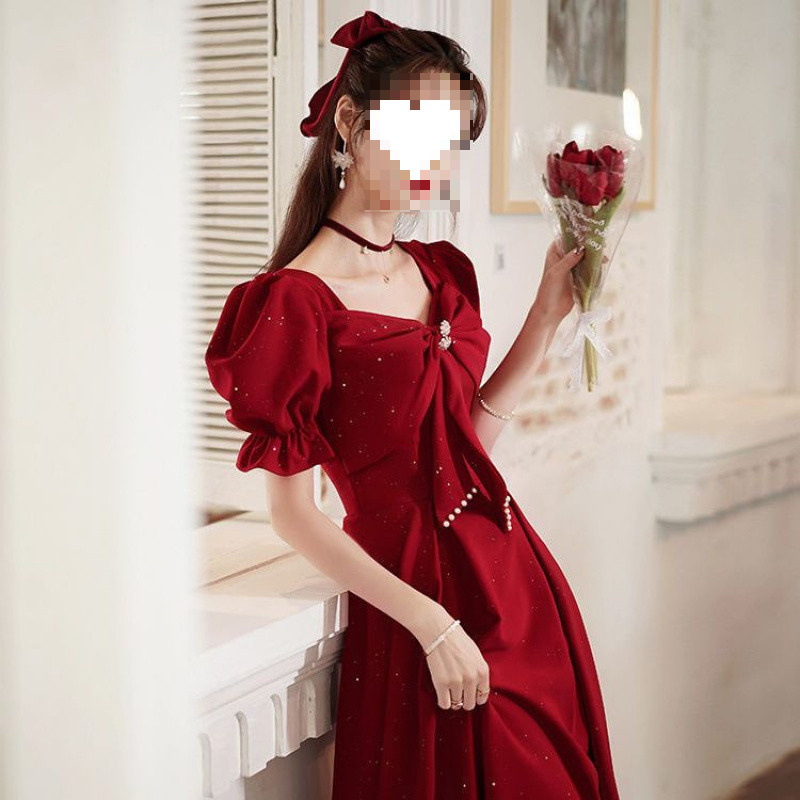 D6C 乾杯ドレス花嫁レッド新しい宴会気質婚約結婚式ホームカミングドレス女性のための日常着|undefined