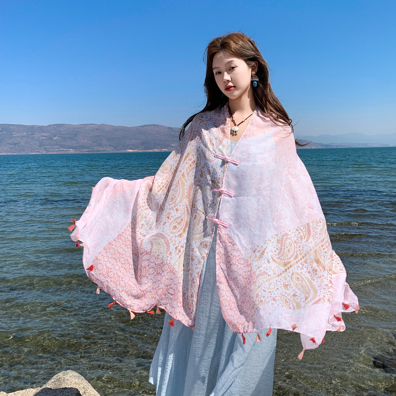 Chal de protección solar para mujer, hebilla de disco retro, fotografía de viaje de verano, capa de todo fósforo, procesamiento de bufanda delgada, fábrica personalizada