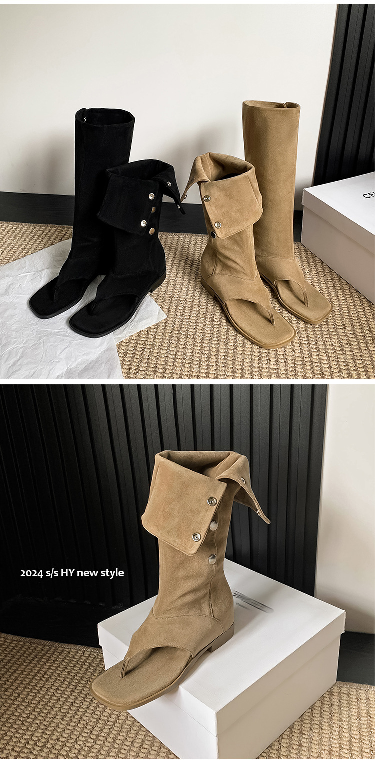 Boot cao gót xỏ ngón hai kiểu mỏng ống quần mùa hè, phong cách cao bồi tây, mũi vuông — Màu đen chi tiết 7
