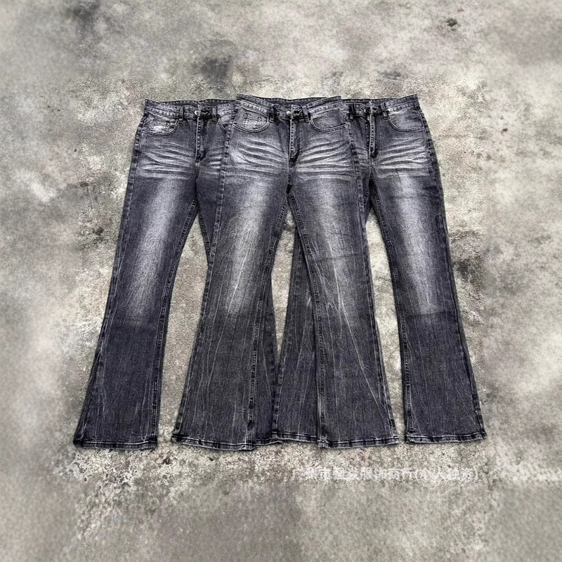 Dc Retro Black Bamboo Cotton Faded Lightning Pattern Washed and Distressed Bootcut Jeans for Couples Versatile Pants for Men and Women