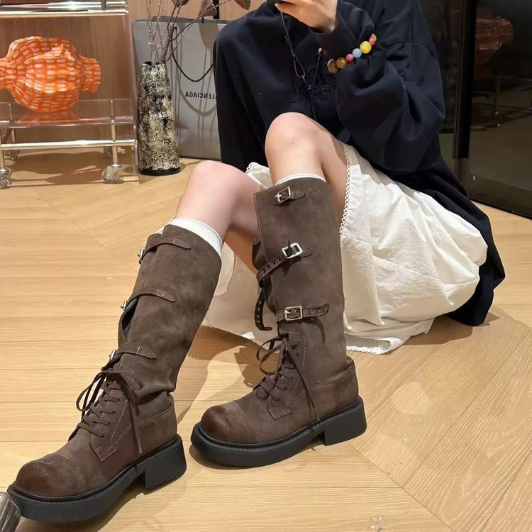 长筒靴女秋冬不过膝英伦风设计感粗跟长靴高筒骑士靴|undefined