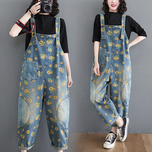 Spring New Fat mm Slimming Printed Denim Overalls in Stock