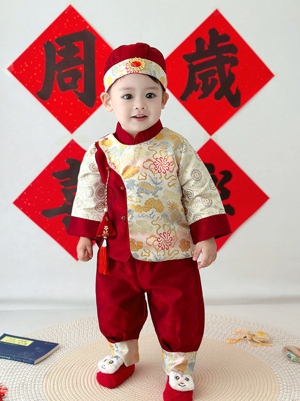 奶油汉服新款红色麒麟周岁服抓周服唐装中国风套女宝宝周岁礼服秋|undefined
