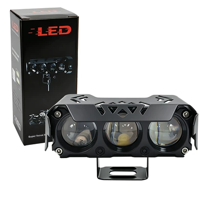 Cross-border motorcycle and electric vehicle LED spotlight, yellow-white high and low beam external modified headlight, all-aluminum spotlight (Motorcycle headlights, headlights) - white-and-yellow-three-eyed-single-pack