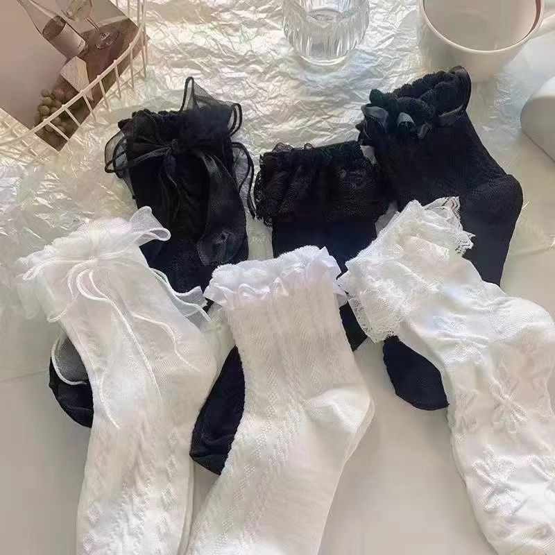 Black and White Bow Lace Jk Socks Women's Mid-Calf Summer Thin Japanese Style Sweet Lolita Lace Princess Socks
