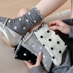 Korean Style Cute Small Dot Mid-Socks Sweet Wood-Ear Socks Spring and Autumn Versatile Solid Color Academic Style Stacked Socks