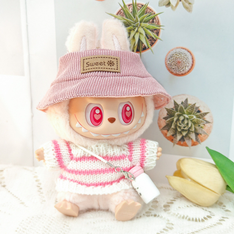 17 センチメートルビニールぬいぐるみマカロンラブブ LABUBU ベビー服ピンクのガーゼスカートヘアアクセサリー交換服|undefined