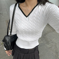 学院风美式复古bm麻花毛织上衣V领黑白撞色修身辣妹内搭套头毛衣
