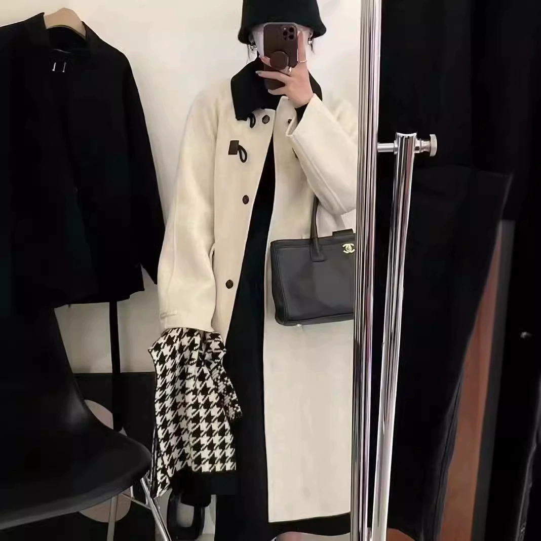 Осень-зима 2022, новое двустороннее шерстяное пальто, женское свободное повседневное шерстяное пальто с пряжкой и цветными блоками средней длины, 2022