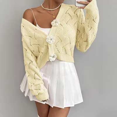 2026 Spring European and American Elegant Solid Color Hollow Knit Cardigan Top for Women V-Neck Crochet Short Style French Style