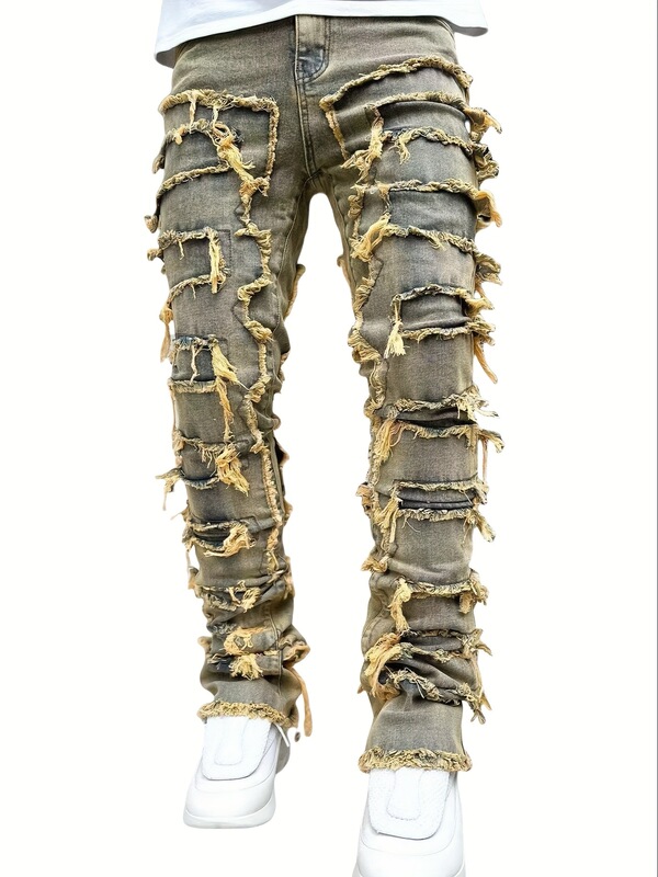 H 73634 Stretch Patchwork Straight Leg Jeans