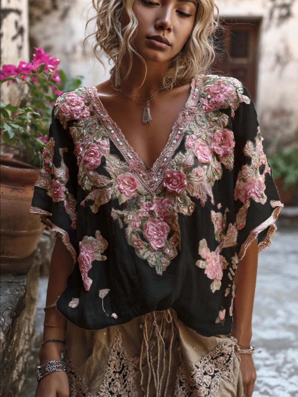 Women's 3D Digital Print V-Neck Mid-Sleeve Top Base Shirt_ecoleips.com