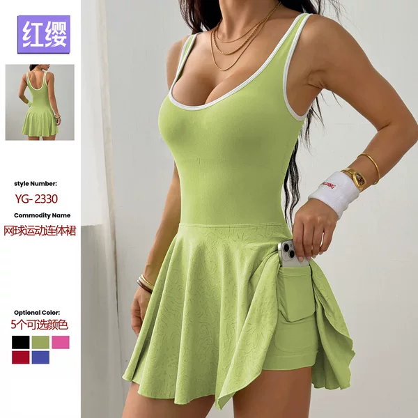 European and American Style Nude-Feel Dress with Chest Pads, Pleated Skirt, Breathable Quick-Dry Sports Running Skirt with Pockets, Anti-Exposure Tennis Skirt