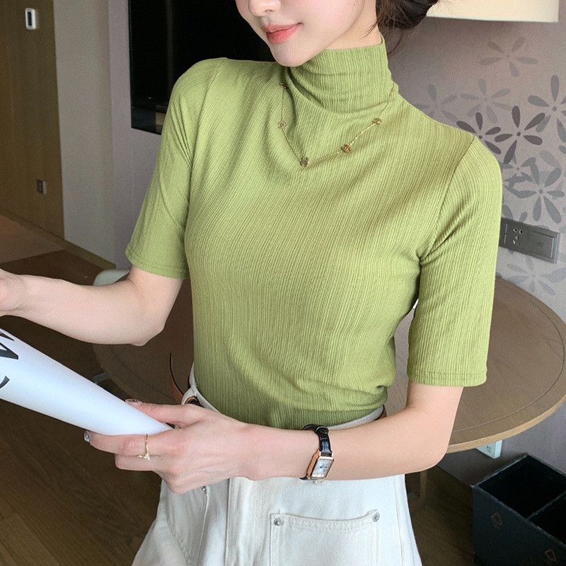H342 生放送人気半袖 Tシャツ新しい女性のトップスハーフタートルネック五分袖サンシェードボトリングシャツ服女性のための|undefined