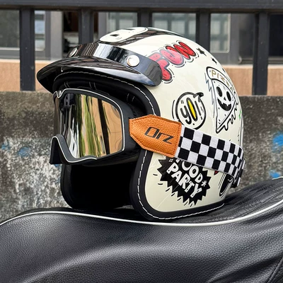 Motosiklet kaskı (dəbilqə) — Retro Half Helmet, Motorbike Helmet, Suitable for - food-party-retro-black-and-silver-goggles-m