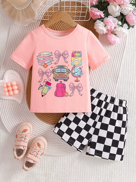 Foreign Trade Cross-Border Girls' Short-Sleeved Suit Summer 2026 New Style Kidsren's Cute and Sweet T-Shirt and Shorts Two-Piece Set
