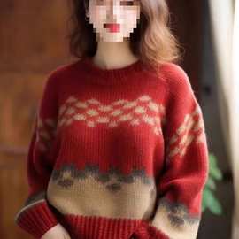 新年超显身材的红色减龄上衣拼接撞色菱格艺术生奶乖茶里茶气毛衣