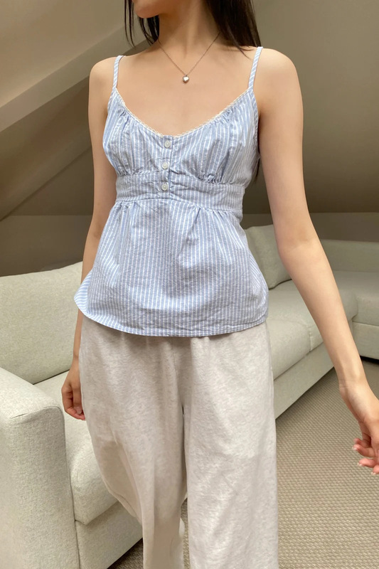 BM Style New V-Neck Lace Three-Button Striped Camisole Women's Bm Back Strap Slimming Top for Summer