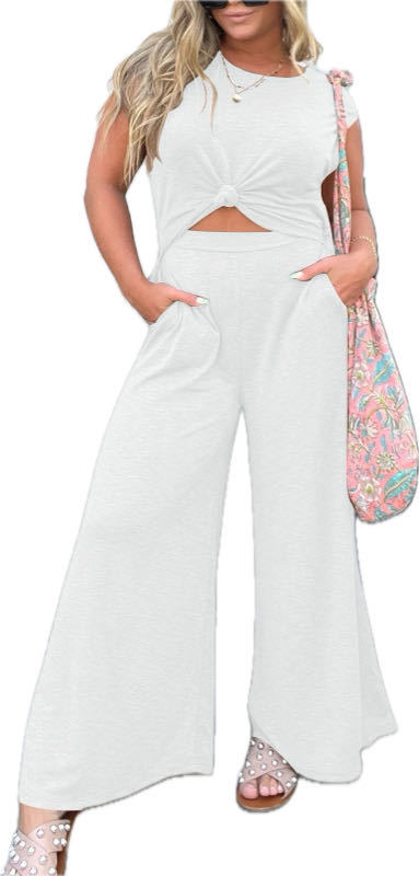 Estación independiente transfronteriza Amazon 2023 primavera y verano de las mujeres de color algodón color sólido cintura elástica Pantalones anchos mono de mujer casual