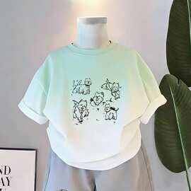 儿童卡通线条小狗印花女童夏季衣服纯棉短袖圆领T恤宽松百搭童装
